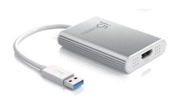 J5create JUA354 USB 3.0 to 4K HDMI Display Adapter connected to a laptop with dual monitors displaying different applications.