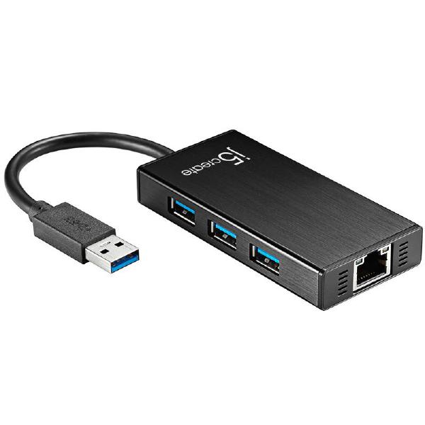 J5create JUH470 USB 3.0 to RJ-45 Gigabit Ethernet & 3-Port HUB, compact design with multiple USB ports.