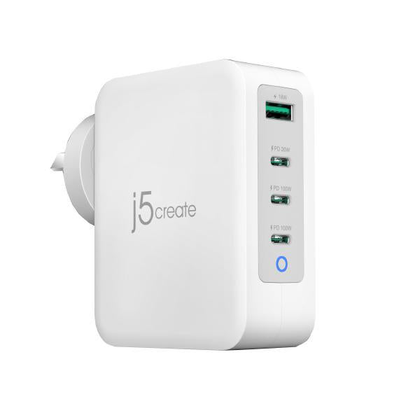 J5create JUP43130 130W GaN USB-C 4-Port Charger with multiple ports and compact design.