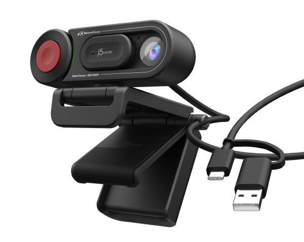 J5create JVU250 USB HD Webcam with focus knob and built-in microphone, designed for streaming and document sharing.