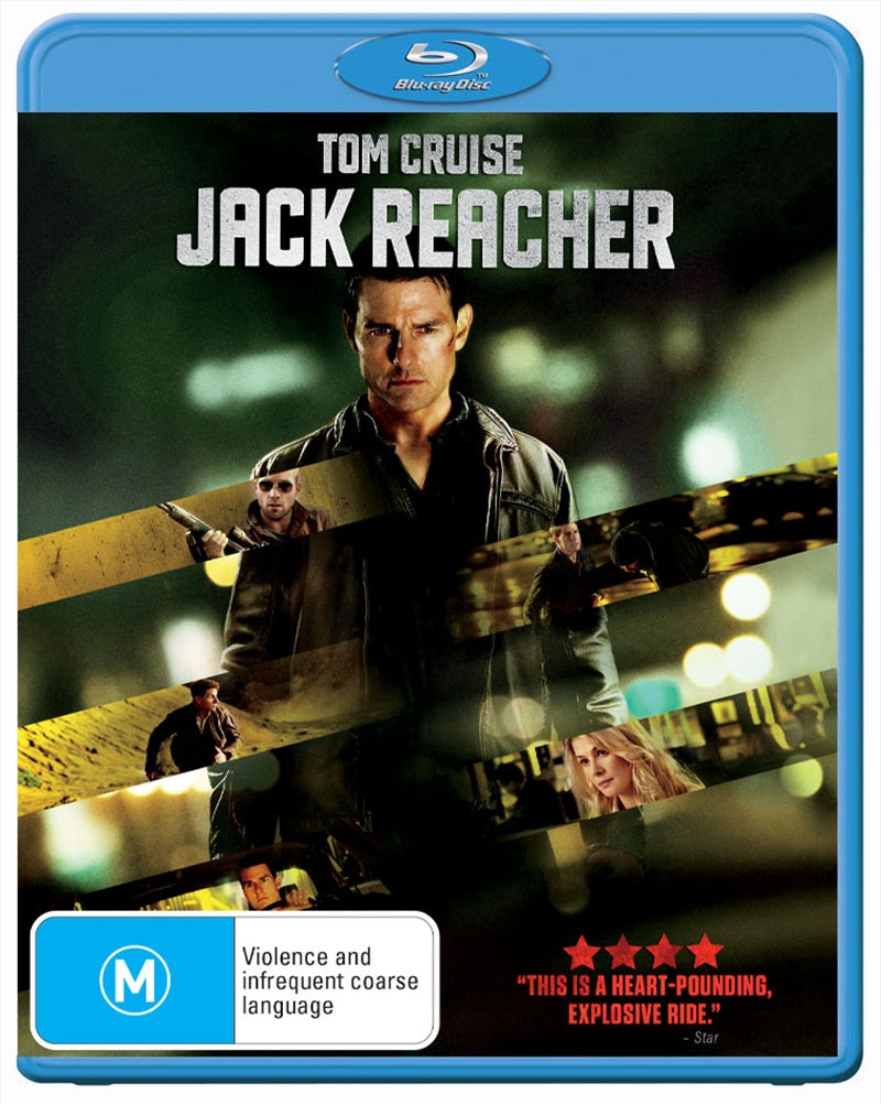 Jack Reacher Blu-ray cover featuring Tom Cruise in an action pose, showcasing the film's thrilling essence.