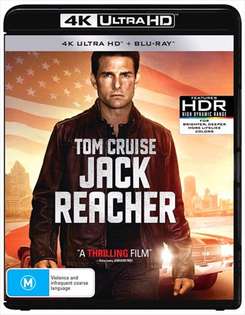 Jack Reacher UHD movie poster featuring Tom Cruise as Jack Reacher in an intense action scene.