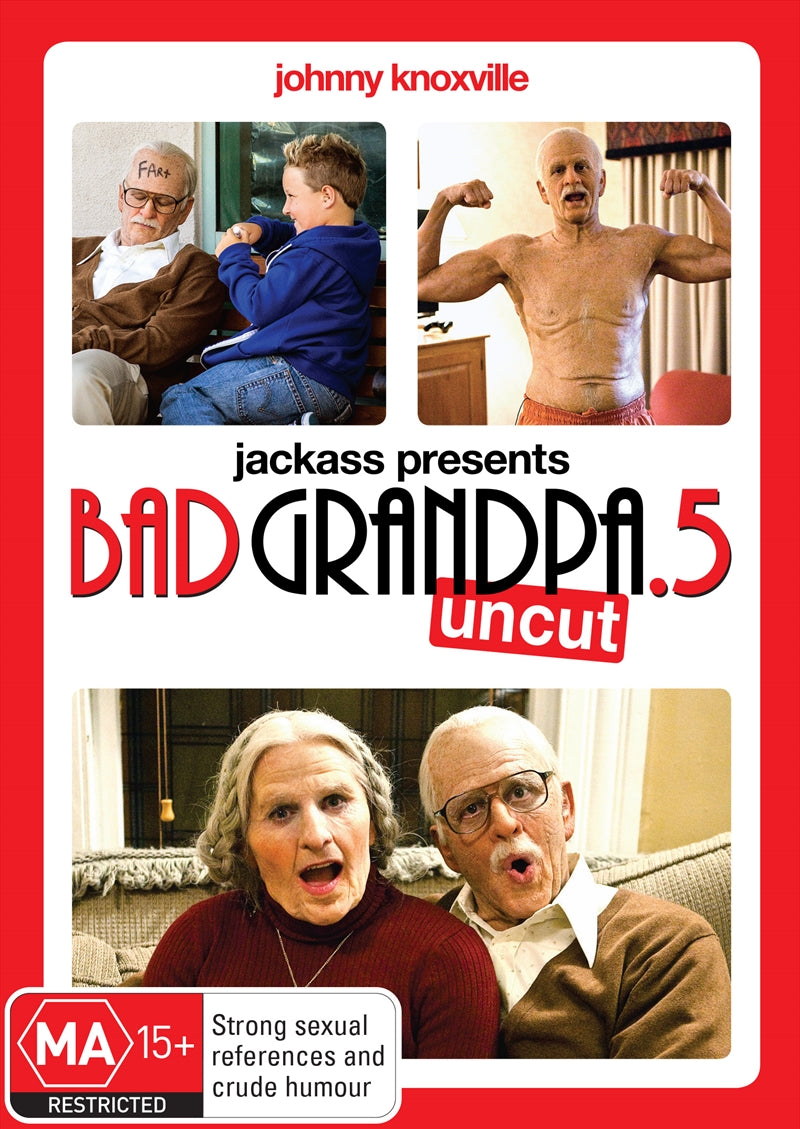 Jackass Presents Bad Grandpa .5 DVD cover featuring Johnny Knoxville as Irving Zisman with comedic elements.