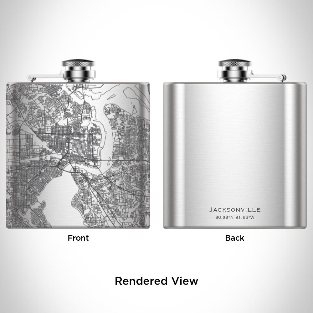 Custom engraved Jacksonville Florida map on a 6oz hip flask with a canvas bag and funnel.