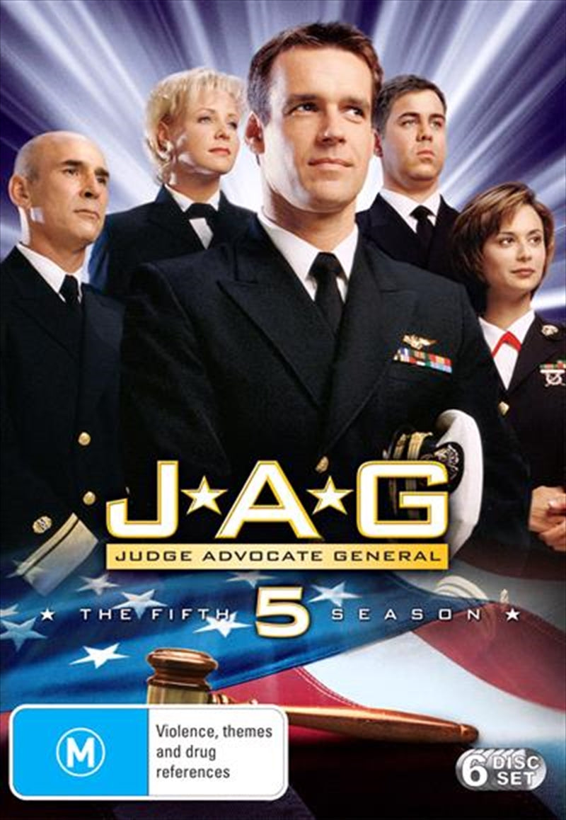 JAG - Season 05 DVD cover featuring main characters in military attire, showcasing intense courtroom drama.