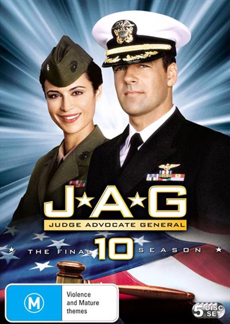 JAG Season 10 DVD cover featuring main characters in military attire, showcasing the series' dramatic essence.