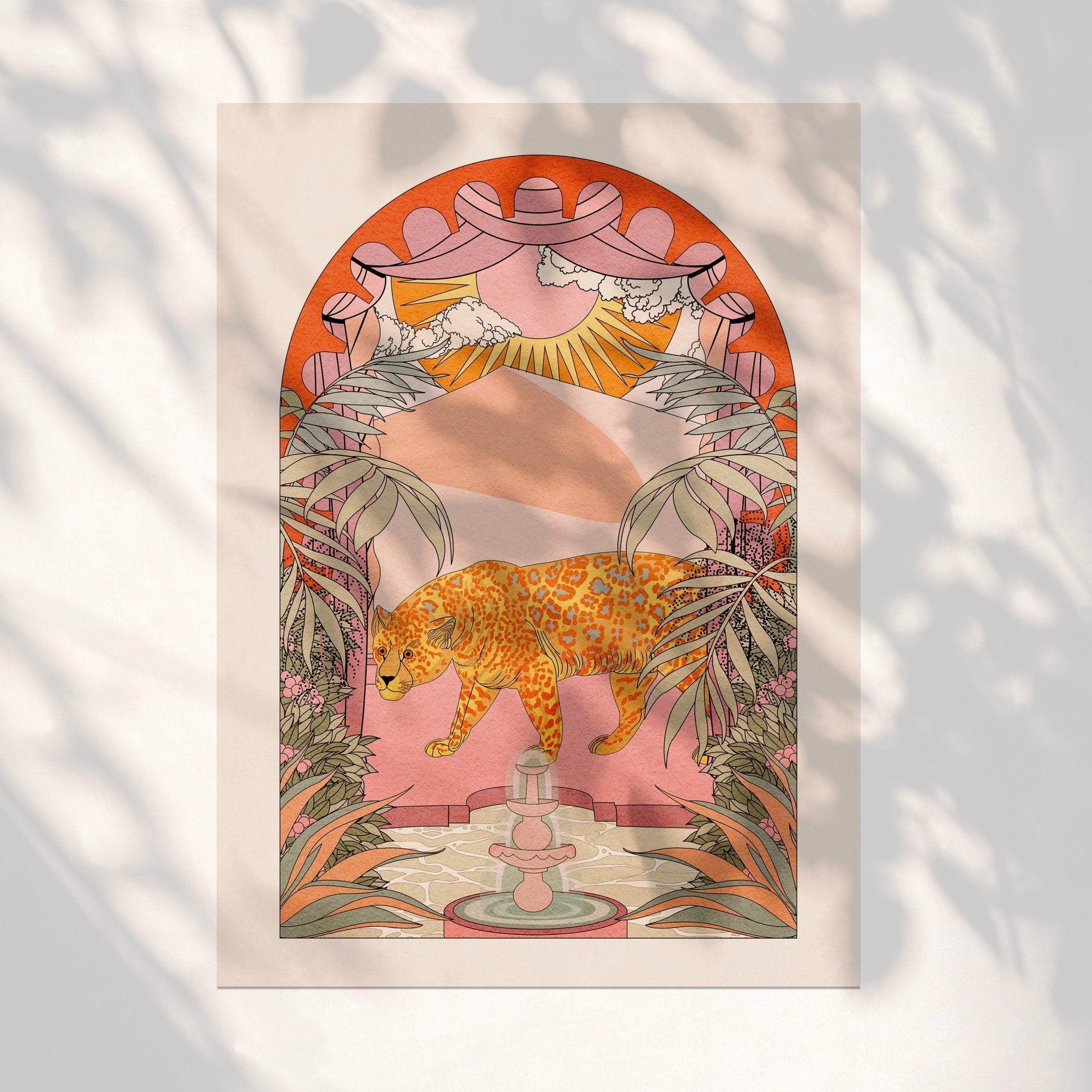 Vibrant Jaguar Art Print featuring a jaguar, water fountain, and botanical plants in a sunlit mountain scene.