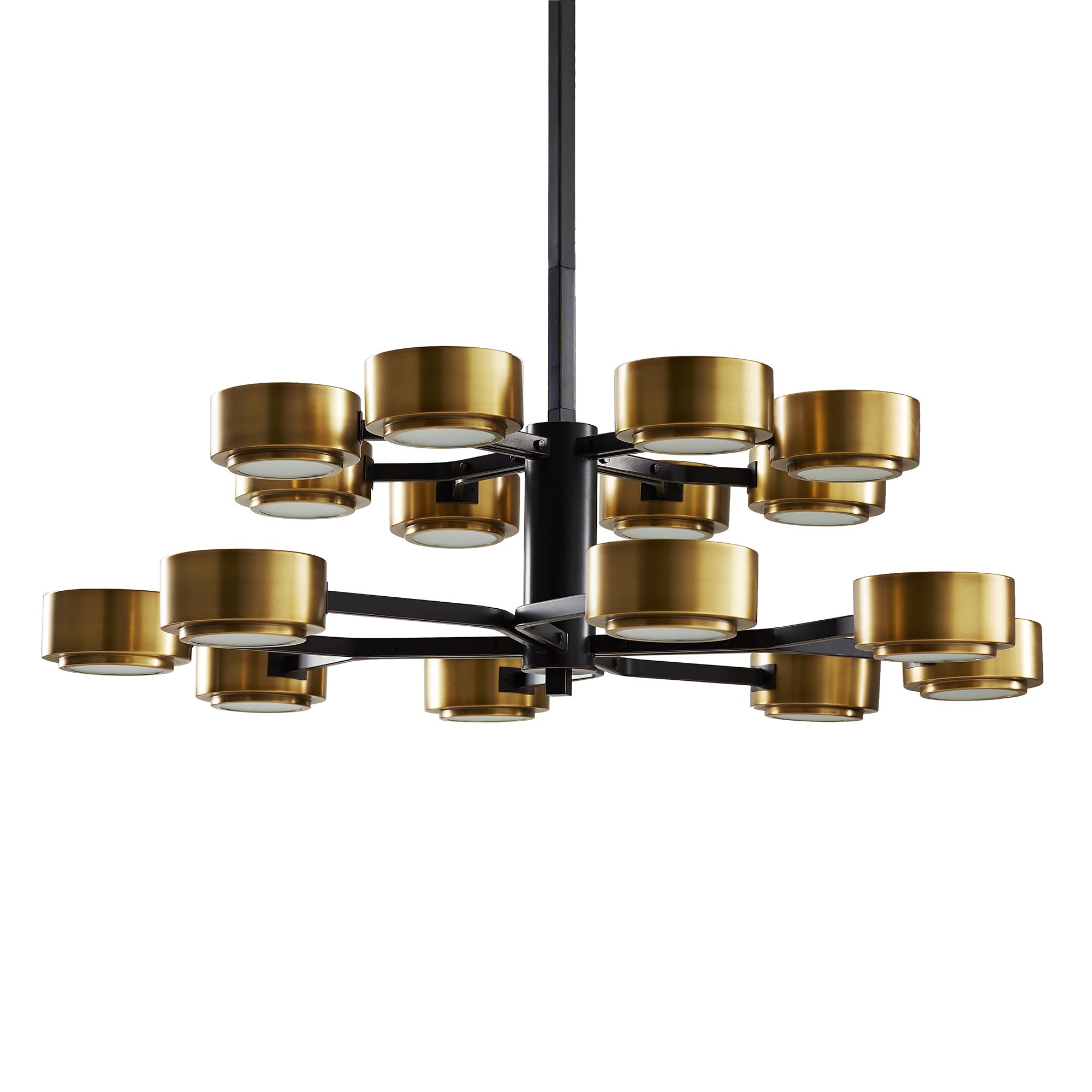 Jalen Two-Tier Chandelier featuring bronze and vintage brass finishes with frosted glass diffusers, showcasing its modern design.