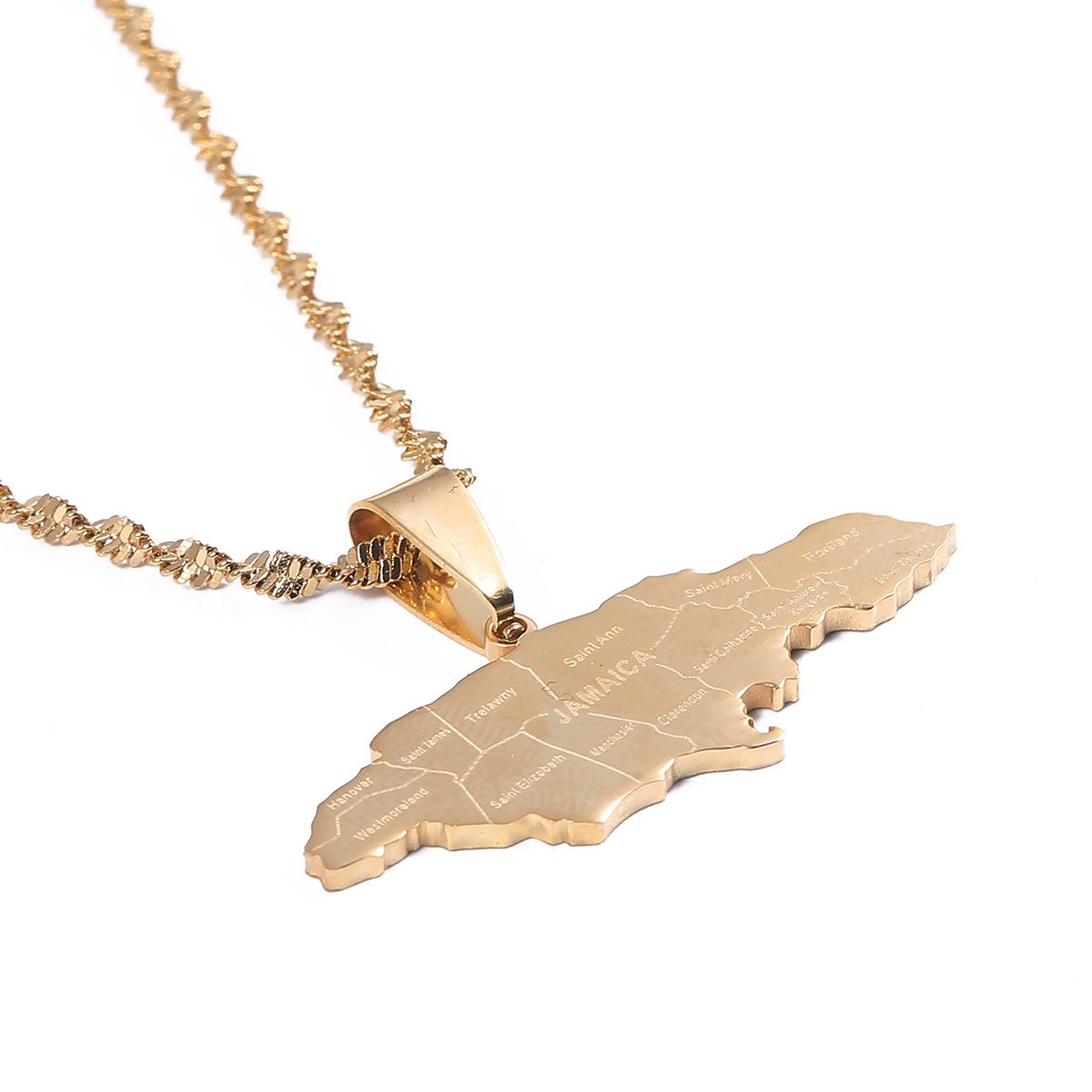 Trendy gold Jamaica map pendant necklace for women, showcasing intricate details and a stylish design.