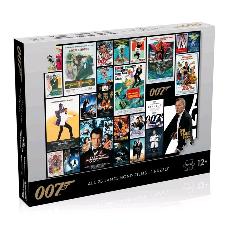 A colorful 1000 piece jigsaw puzzle featuring all James Bond movies poster, showcasing iconic scenes and characters.