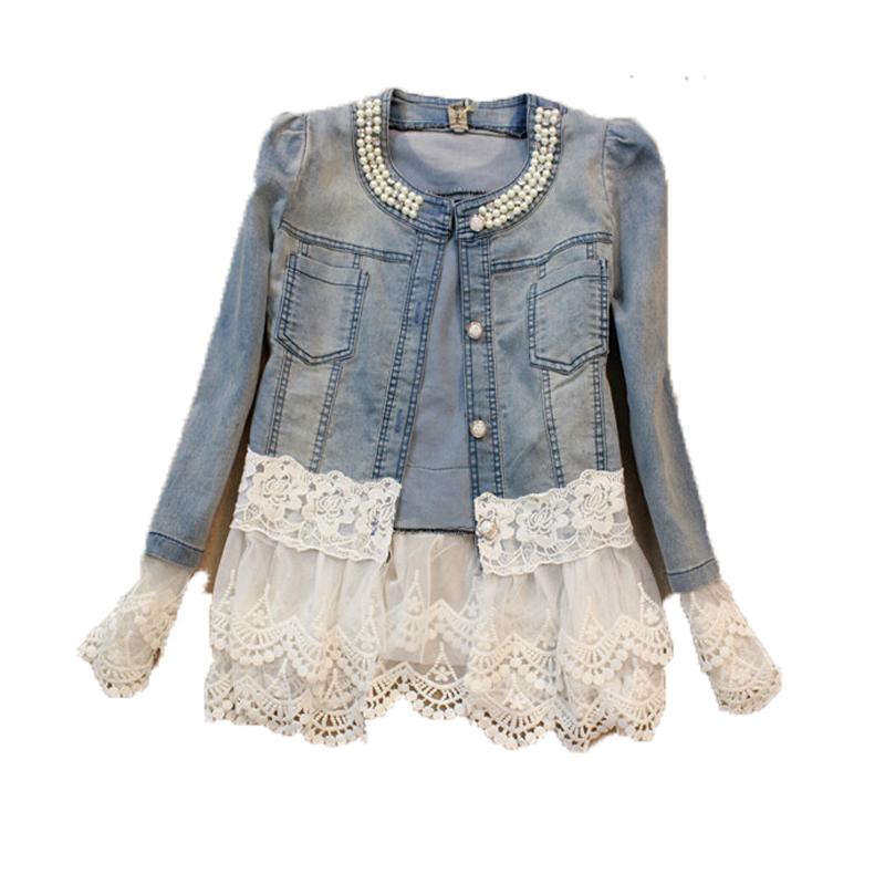 Stylish women's jeans jacket featuring lace patchwork and decorative elements, perfect for various occasions.