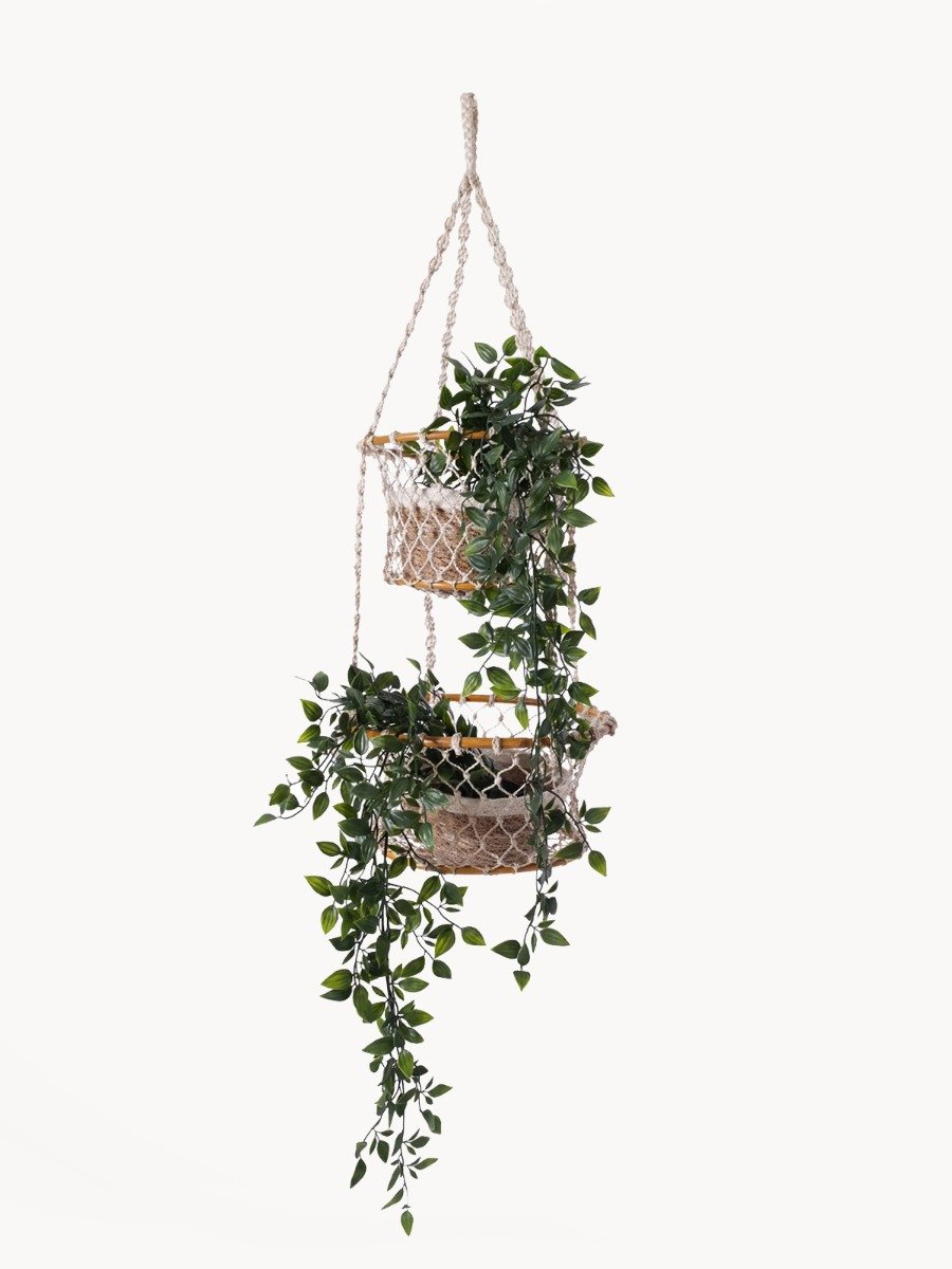 Jhuri Double Hanging Basket made from natural jute and wood, featuring two baskets for plants or storage, showcasing rustic charm.