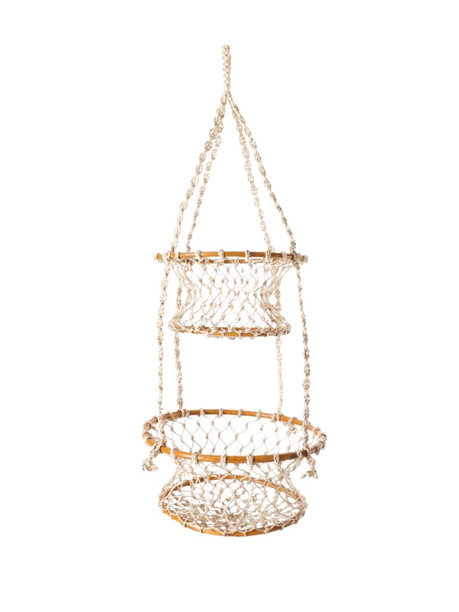 Jhuri Double Hanging Basket made from natural jute and wood, featuring two baskets for plants or storage, showcasing rustic charm.