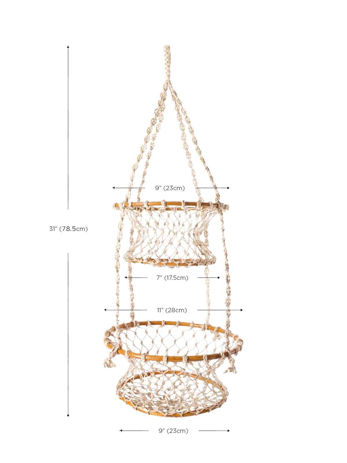 Jhuri Double Hanging Basket made from natural jute and wood, featuring two baskets for plants or storage, showcasing rustic charm.