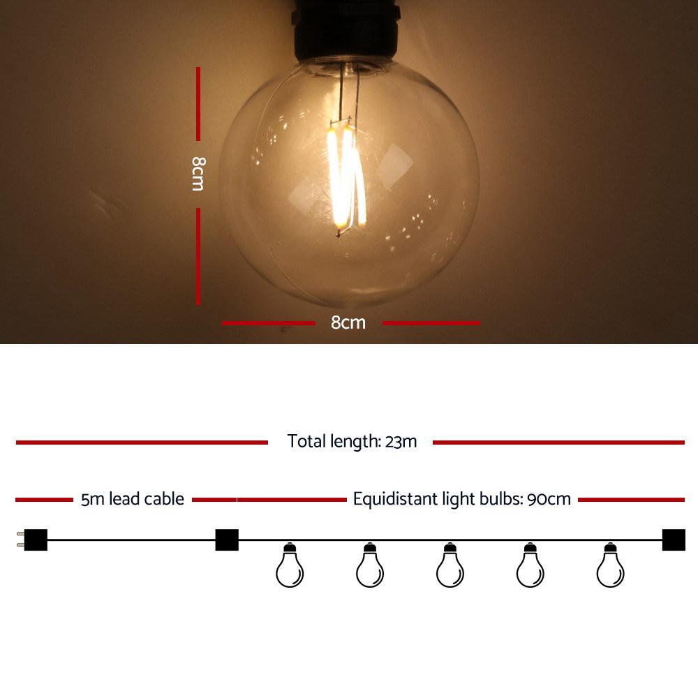 Jingle Jollys 23m LED Festoon String Lights with 20 bulbs, perfect for weddings and outdoor events, showcasing a warm glow.