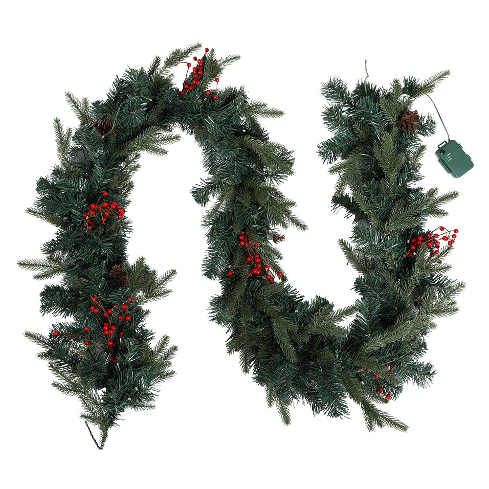 Jingle Jollys 2.4M Christmas Garland with warm LED lights, artificial berries, and pinecones, perfect for festive decoration.