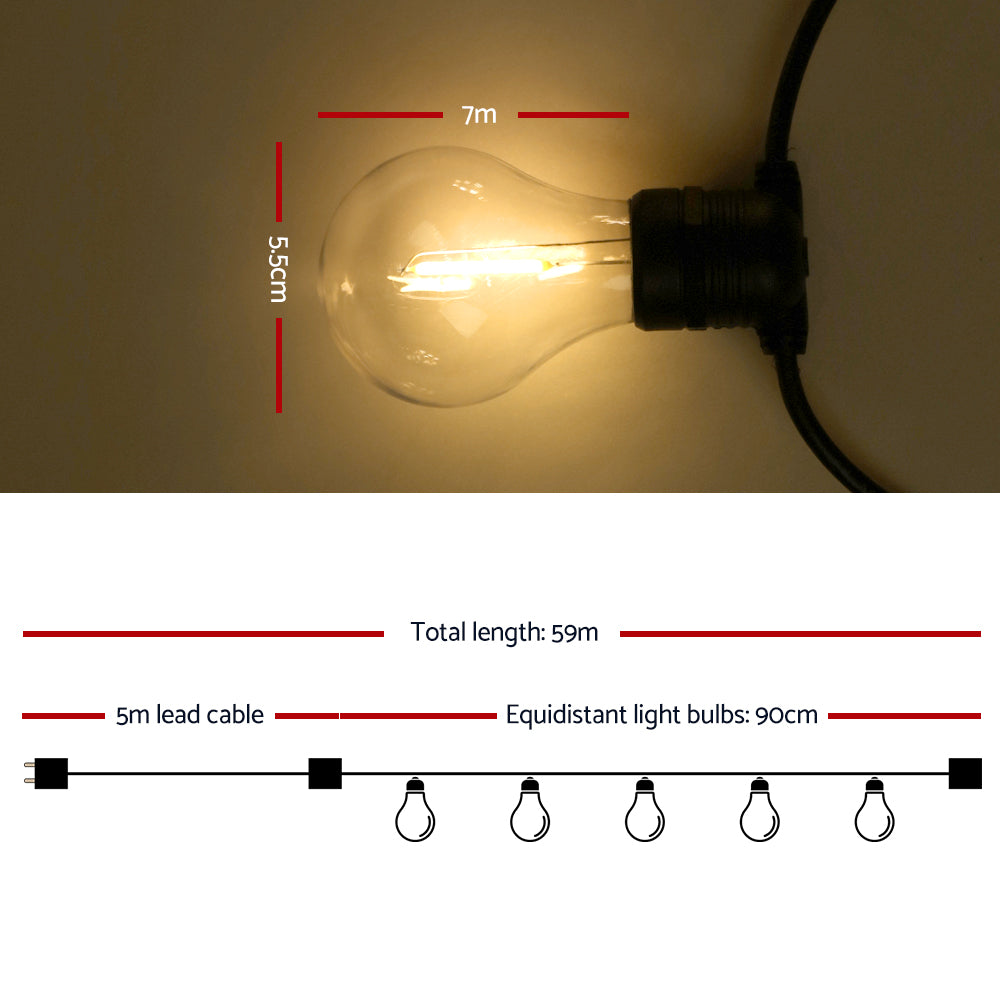 Jingle Jollys 59m Festoon String Lights showcasing bright LED bulbs, perfect for outdoor weddings and parties.