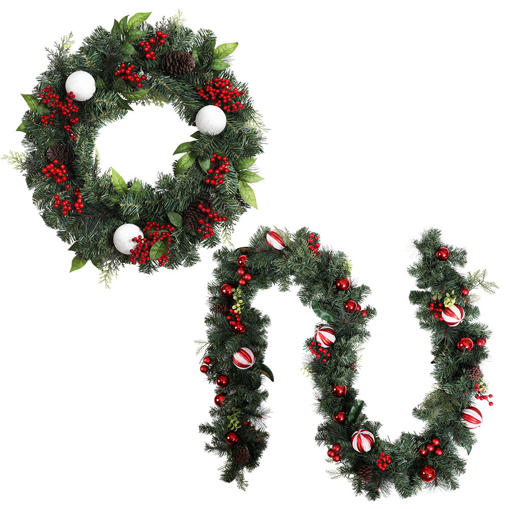 Jingle Jollys Christmas Garland and Wreath Set with red berries and pine cones, perfect for holiday decoration.