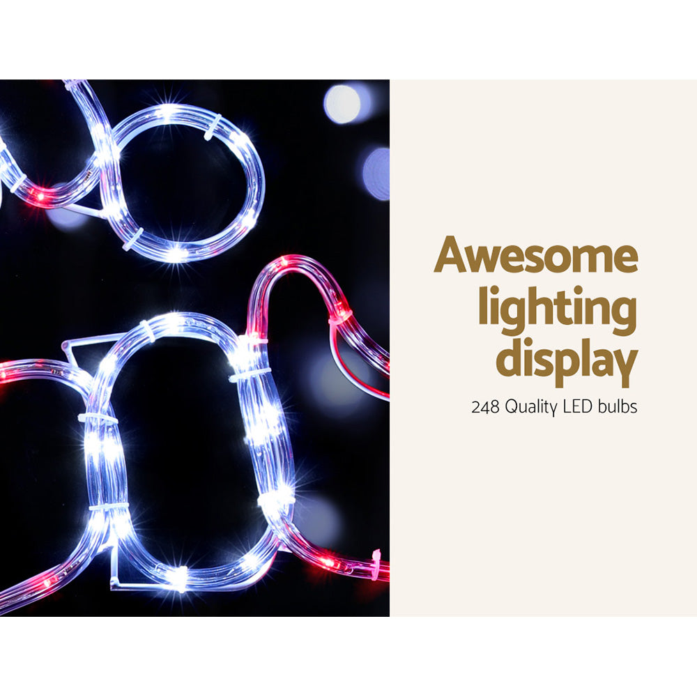 Jingle Jollys Christmas Lights featuring multi-coloured LED bulbs on a sturdy steel frame, perfect for outdoor decorations.