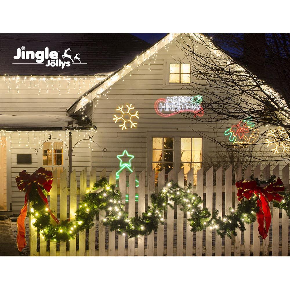 Jingle Jollys LED Merry Christmas Light in a festive outdoor setting, showcasing bright multi-coloured lights spelling 'Merry Christmas' on a waterproof rope.