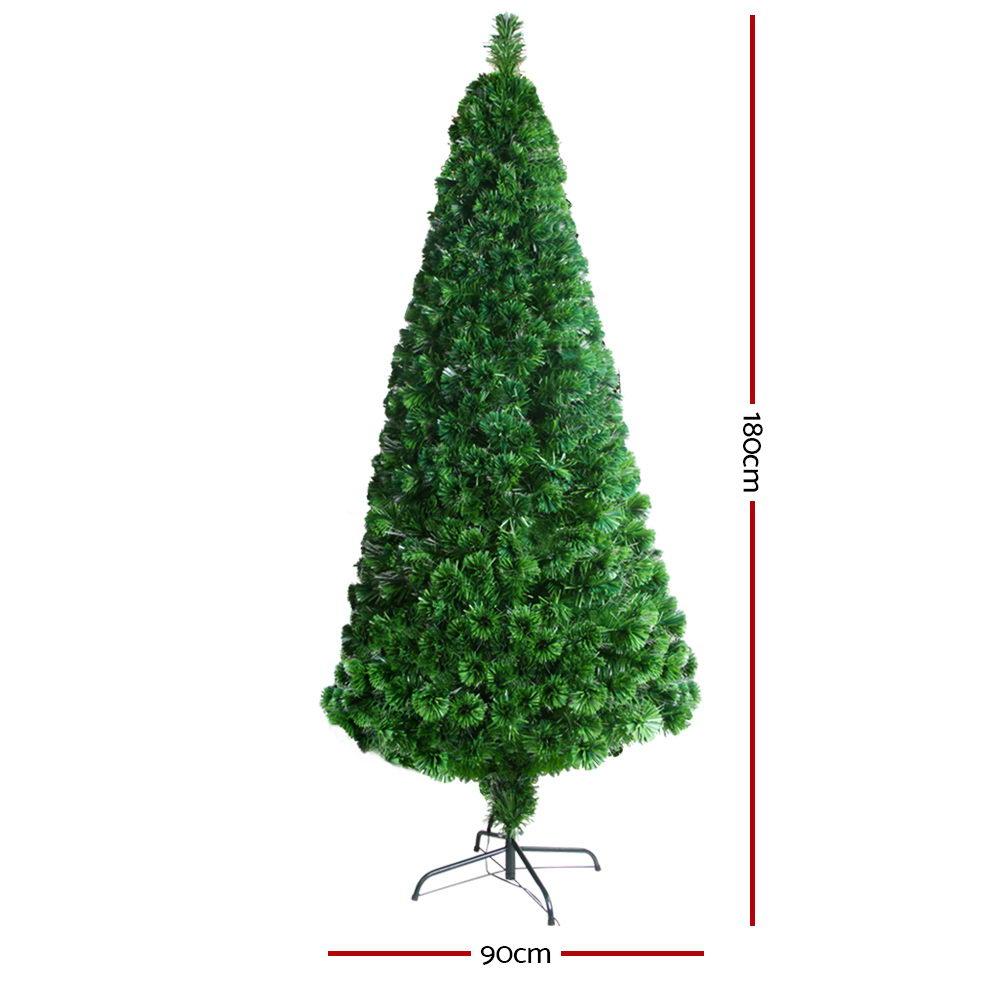 Jingle Jollys 1.8M LED Christmas tree with optic fibre lights, showcasing lush PVC tips and a sturdy metal stand, perfect for holiday decorations.