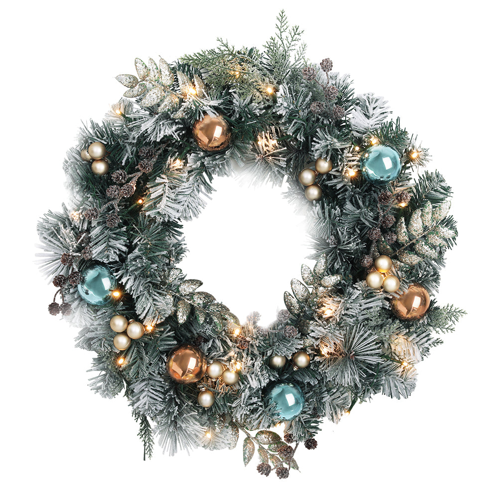 Jingle Jollys 60CM Christmas wreath with pre-lit warm LED lights, featuring thick foliage, pinecones, and decorative balls.