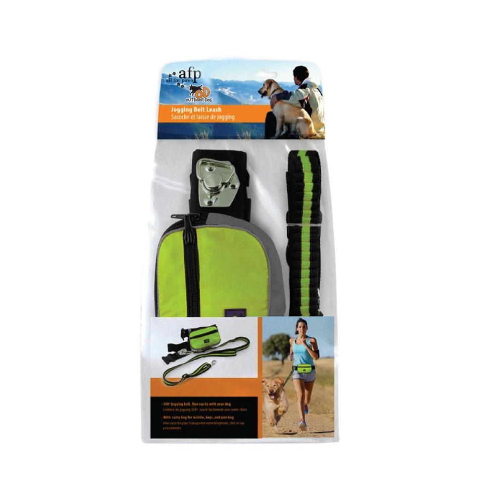 A green jogging dog bungee leash with an adjustable waist belt and carry bag, designed for hands-free running with dogs.