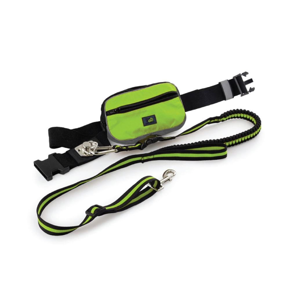 A green jogging dog bungee leash with an adjustable waist belt and carry bag, designed for hands-free running with dogs.