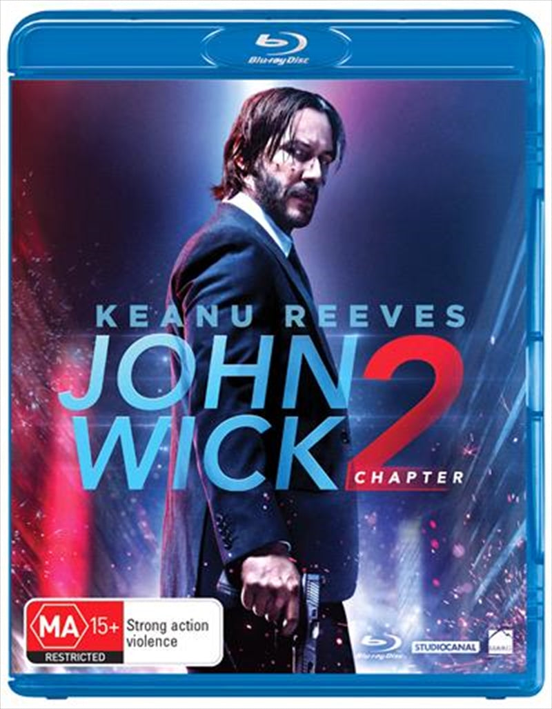 John Wick - Chapter 2 Blu-ray cover featuring Keanu Reeves in action, showcasing intense scenes and dramatic visuals.