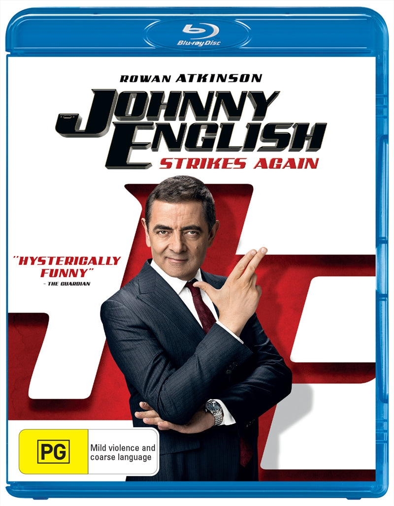 Blu-ray cover of Johnny English Strikes Again featuring Rowan Atkinson in a spy pose with a humorous expression.