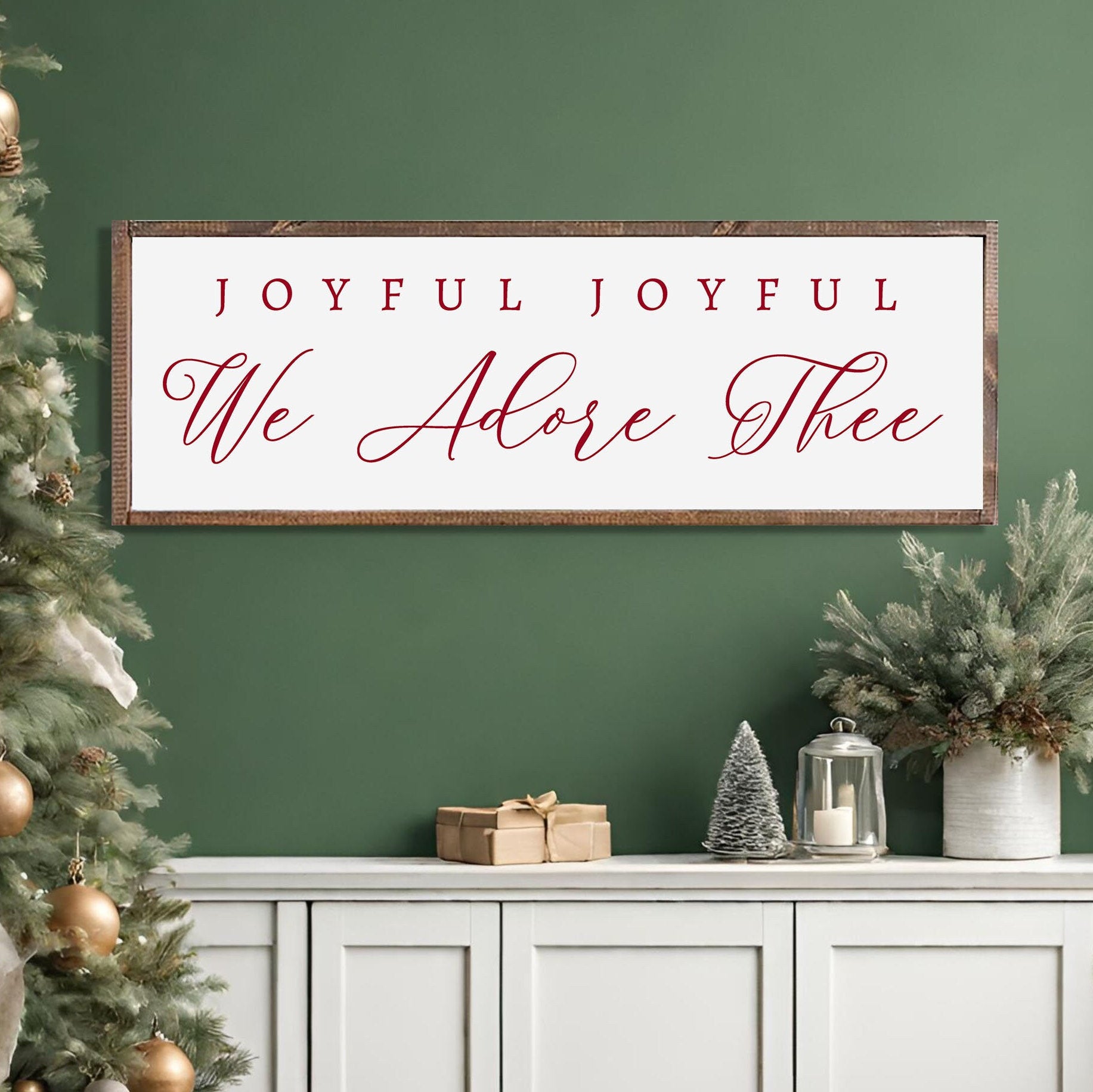 Rustic handmade Christmas wall art featuring the phrase 'Joyful Joyful We Adore Thee' on a dark walnut stained wooden background.