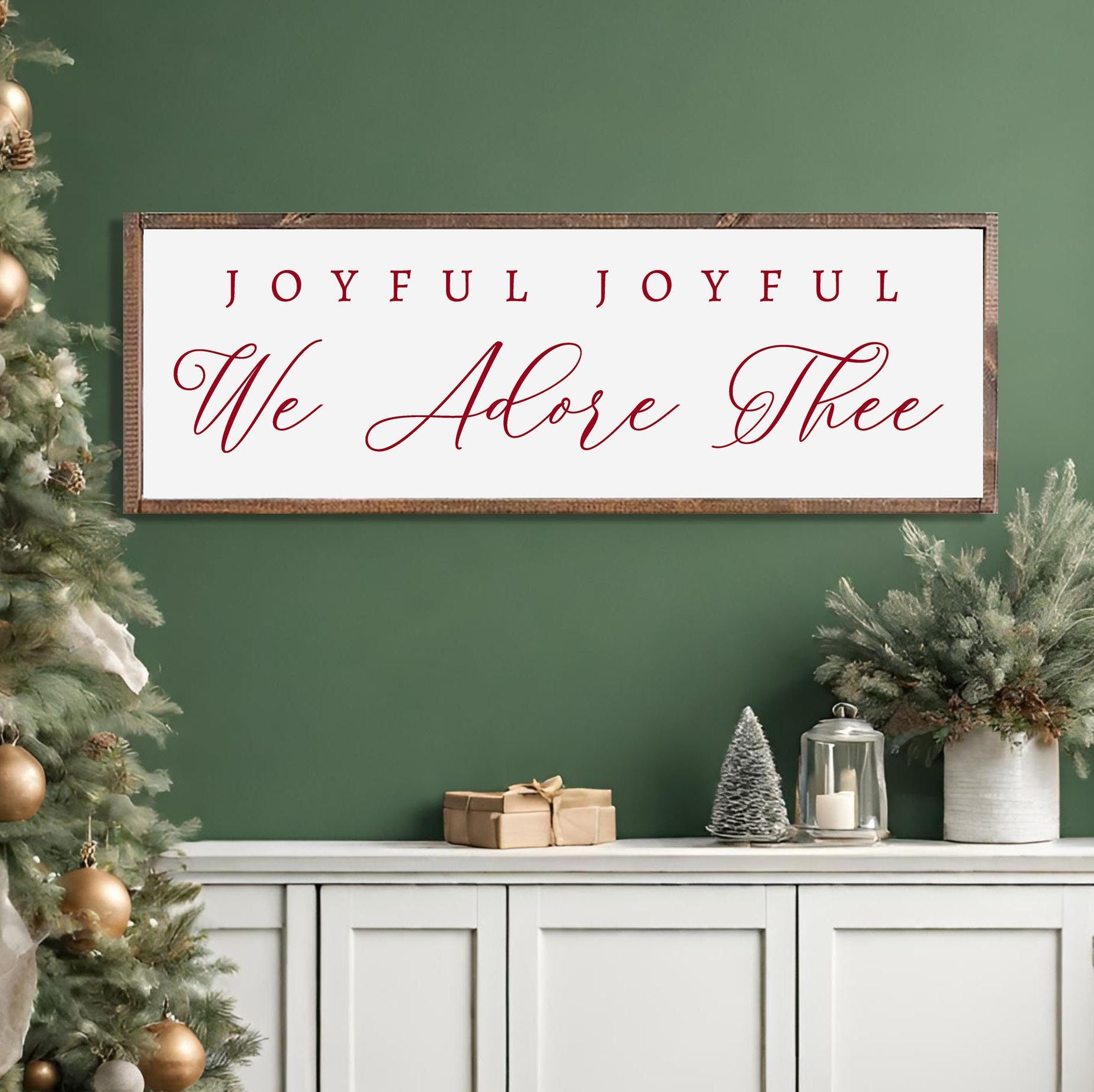 Rustic handmade Christmas wall art featuring the phrase 'Joyful Joyful We Adore Thee' on a dark walnut stained wooden background.