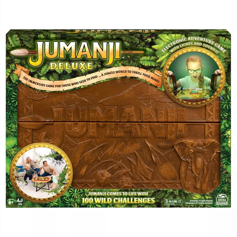 Jumanji Deluxe Edition Game featuring a wooden case, game board, and various game pieces including pawns and danger cards.