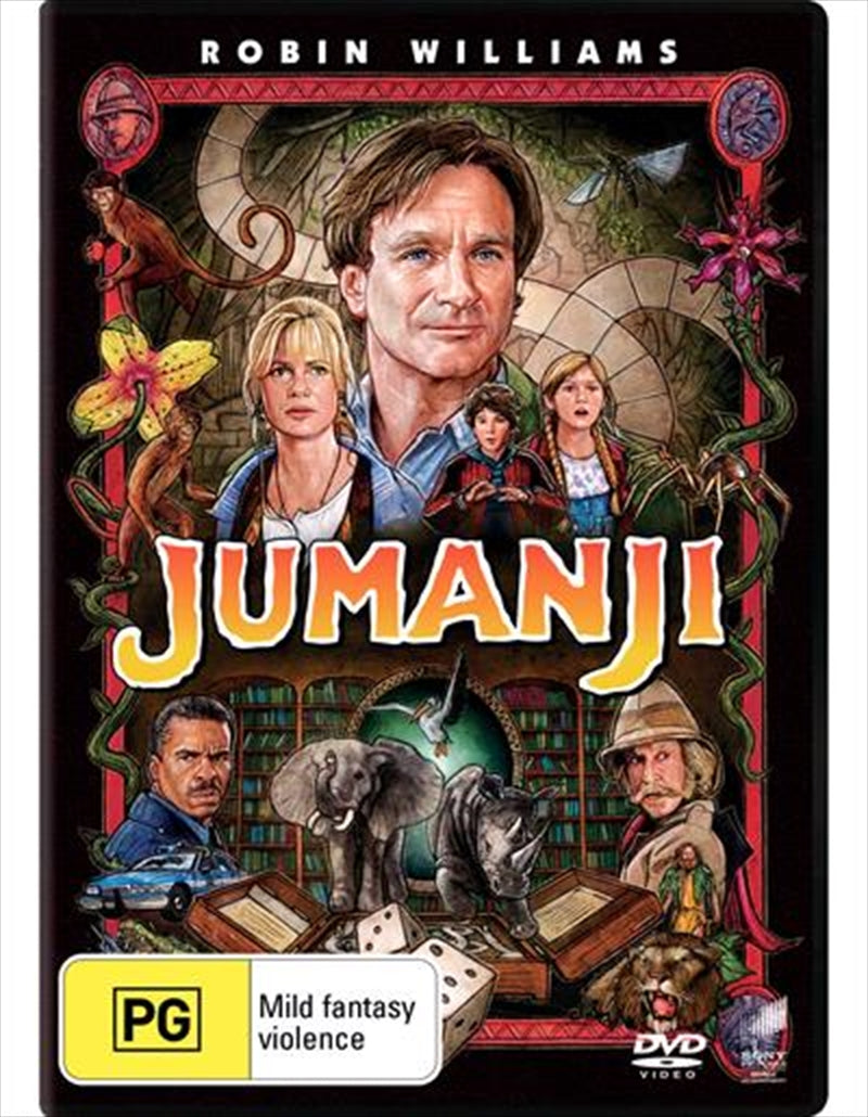 Jumanji DVD cover featuring Robin Williams and jungle imagery, showcasing the adventure theme.