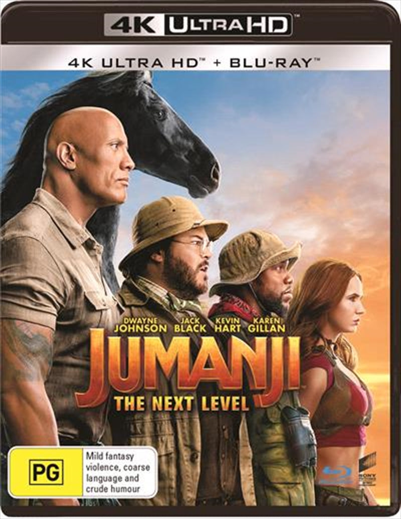 Jumanji - The Next Level Blu-ray + UHD cover featuring adventurous characters in a vibrant game setting.