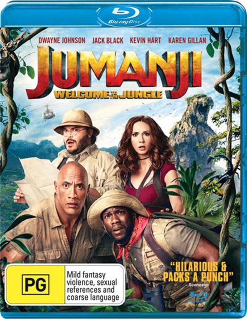 Blu-ray cover of Jumanji - Welcome To The Jungle featuring the main characters in a jungle setting with vibrant colors.