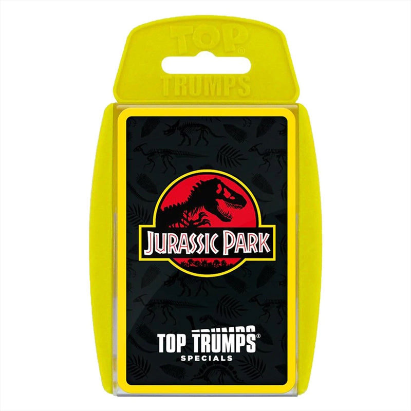 Jurassic Park Top Trumps card game featuring dinosaur characters and statistics.