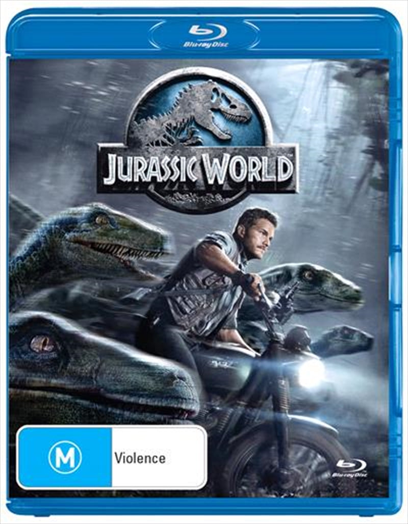 Jurassic World Blu-ray cover featuring dinosaurs and theme park attractions.