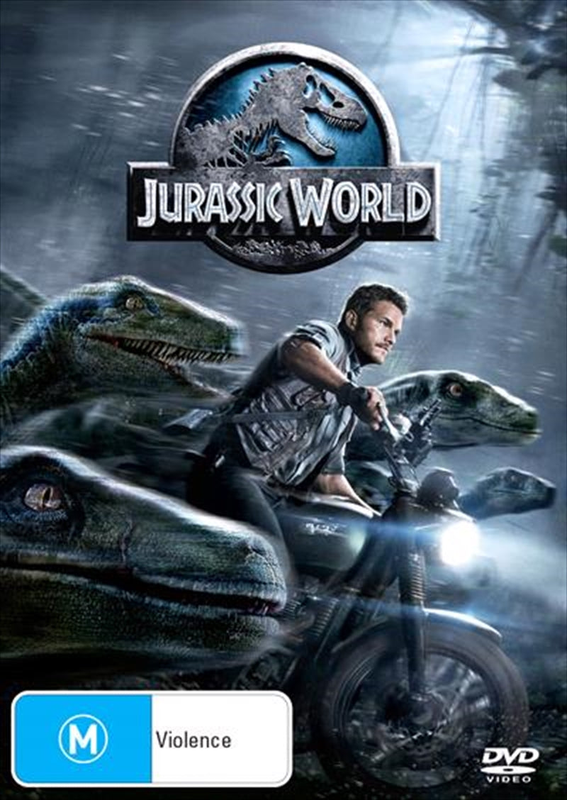 Jurassic World DVD cover featuring dinosaurs and thrilling scenes from the movie.