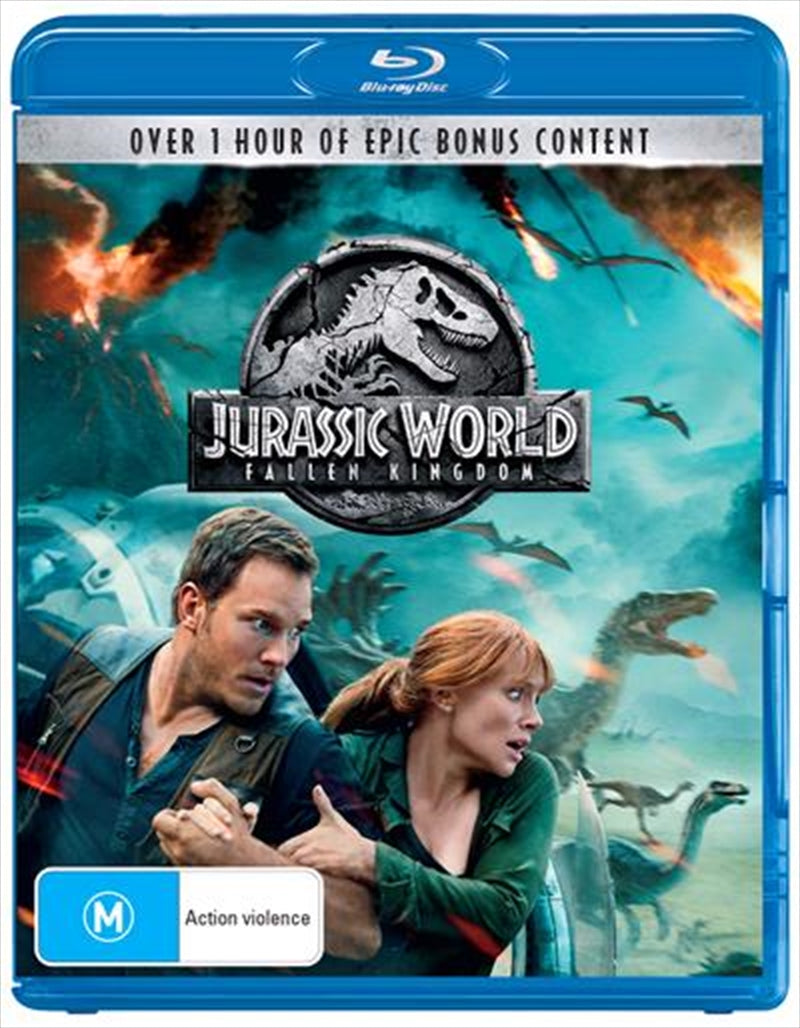 Jurassic World - Fallen Kingdom Blu-ray cover featuring Owen Grady and Claire Dearing amidst dinosaurs and volcanic eruption.