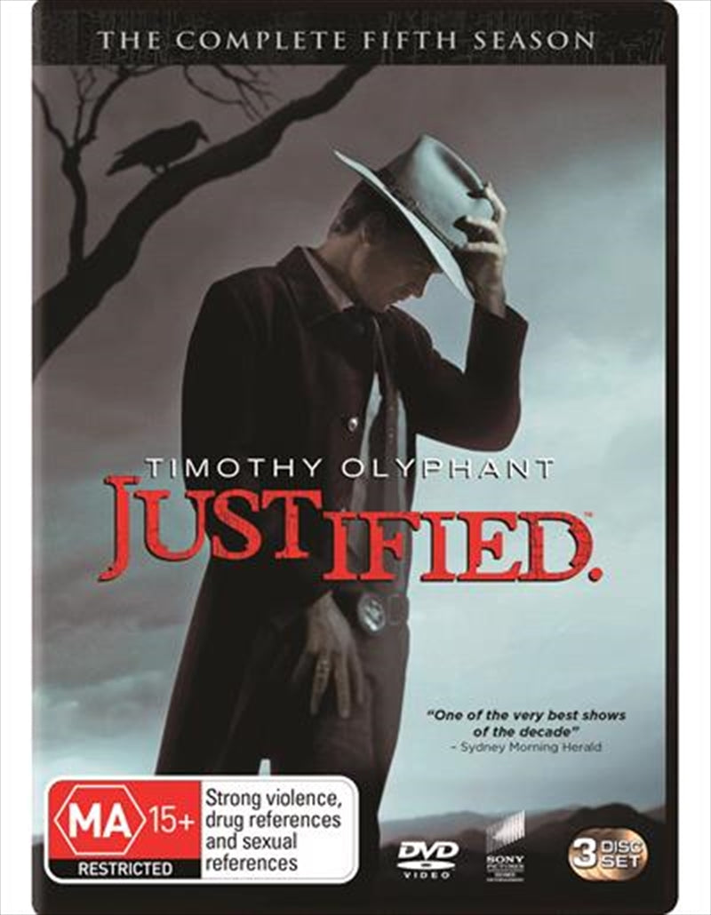 Justified Season 5 DVD cover featuring Raylan Givens and Boyd Crowder, showcasing intense crime drama elements.