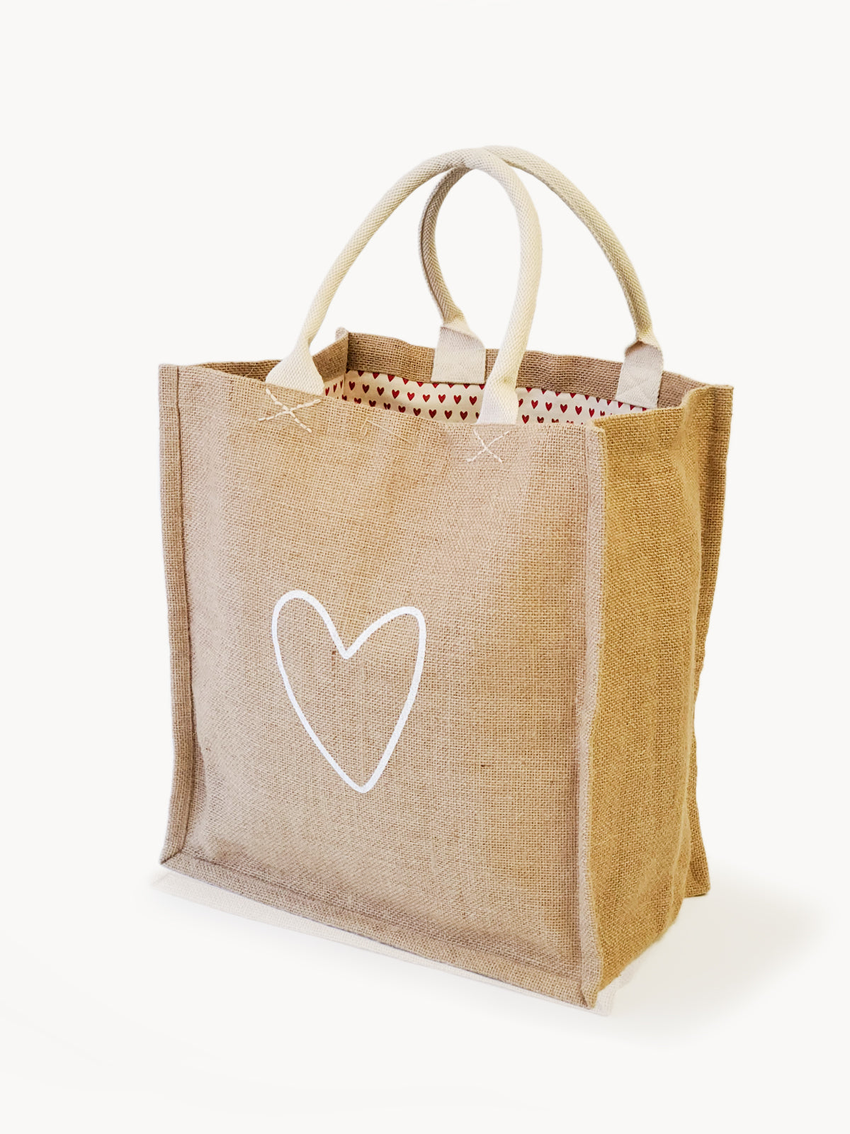 Jute Canvas Market Bag featuring a heart-patterned lining, eco-friendly design, and vibrant colors.