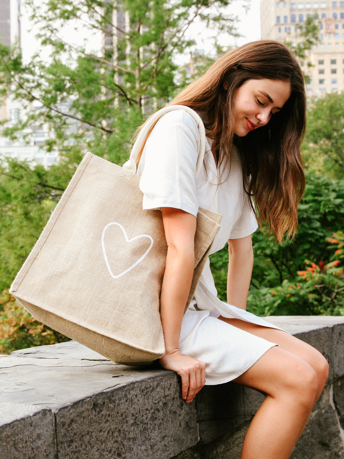 Jute Canvas Market Bag featuring a heart-patterned lining, eco-friendly design, and vibrant colors.