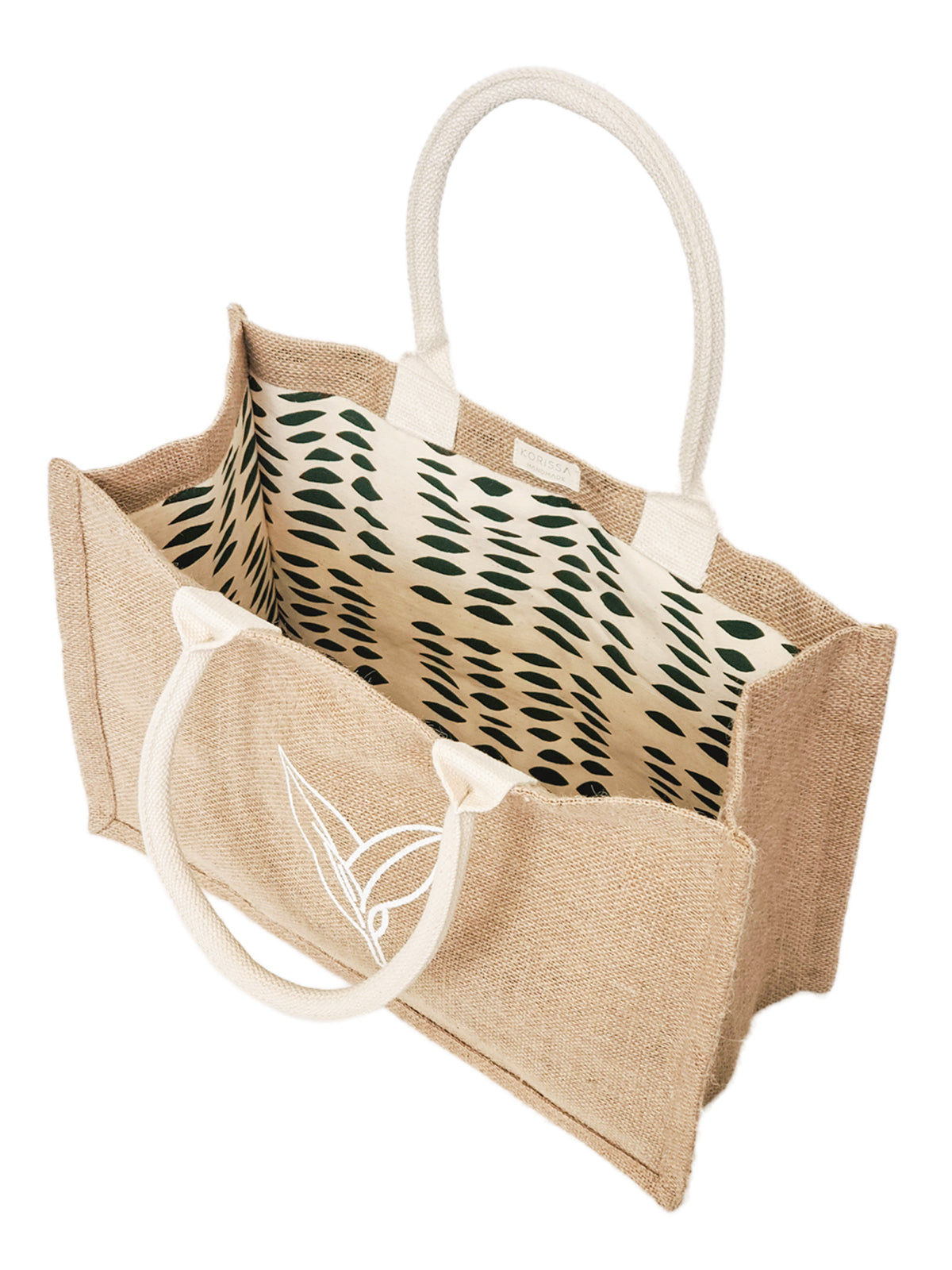 Eco-friendly Jute Canvas Shopping Bag with leaf-patterned canvas lining, showcasing natural burlap fabric.