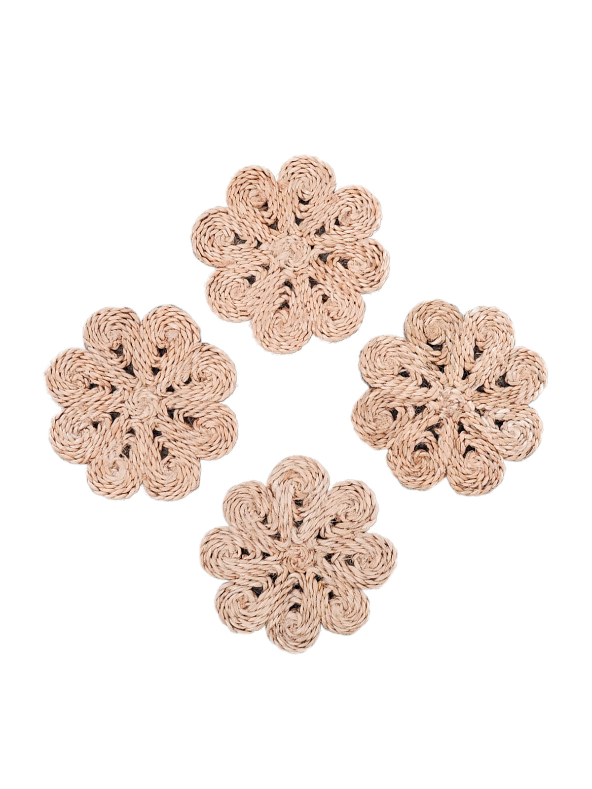 Set of 4 handmade jute flower drink coasters, showcasing natural fiber texture and braided design.