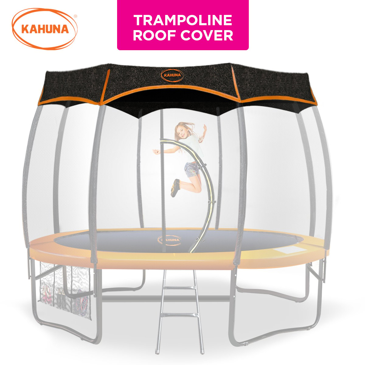 Kahuna 10ft Removable Twister Trampoline Roof Shade Cover in a backyard setting, providing shade and protection for children playing on the trampoline.