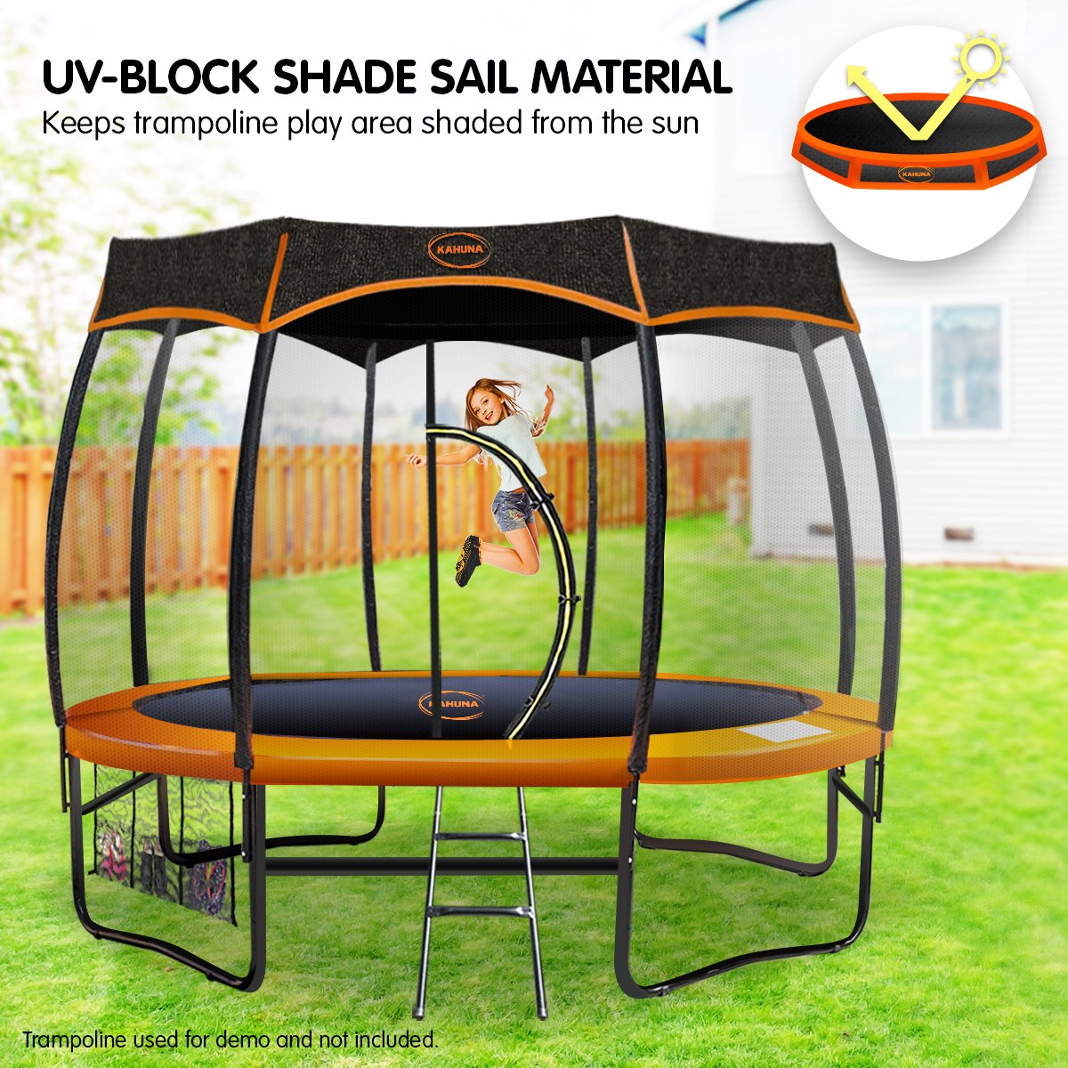 Kahuna 10ft Removable Twister Trampoline Roof Shade Cover in a backyard setting, providing shade and protection for children playing on the trampoline.