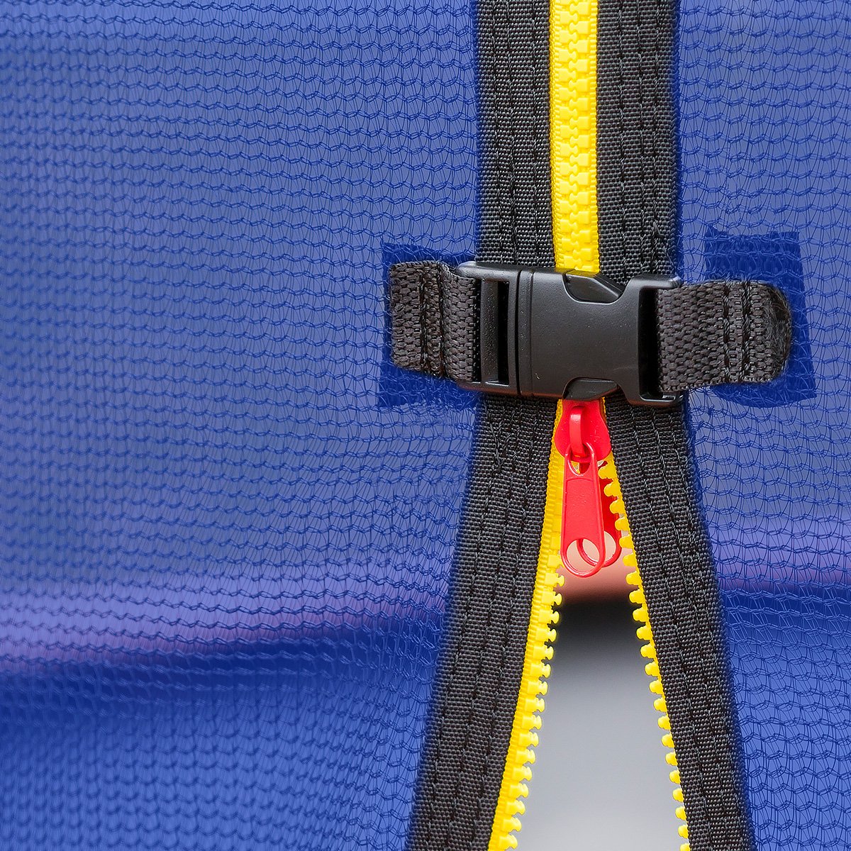 Kahuna 10ft Replacement Trampoline Net in blue, showcasing its durable weatherproof design and secure zip entry.