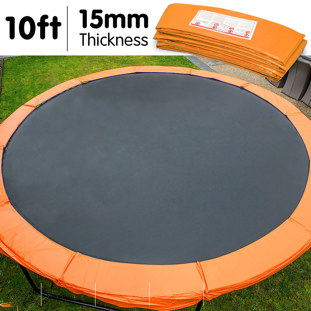 Kahuna 10ft trampoline replacement pad in orange with nylon mesh and PVC skirt, designed for durability and safety.