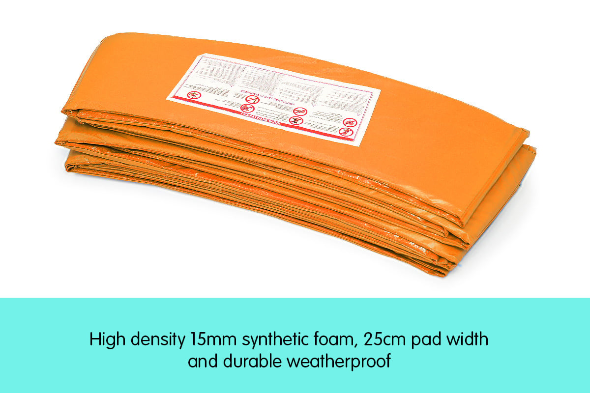 Kahuna 10ft trampoline replacement pad in orange with nylon mesh and PVC skirt, designed for durability and safety.